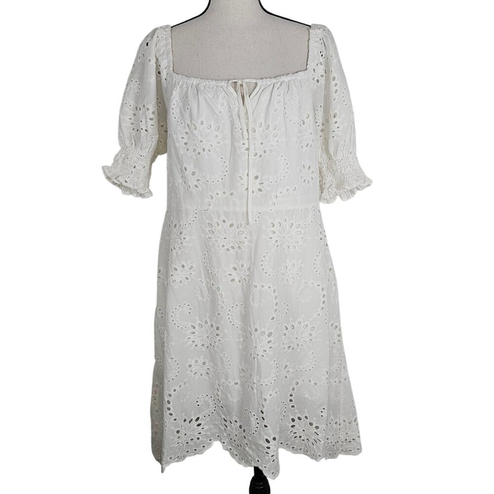 For All Mankind Dress Women Large White Eyelet Cotton Puff Sleeve Midi Cottage
